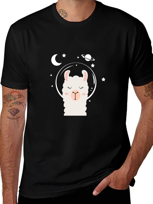 Llama in Space Black T-Shirt - Cute Cartoon Design