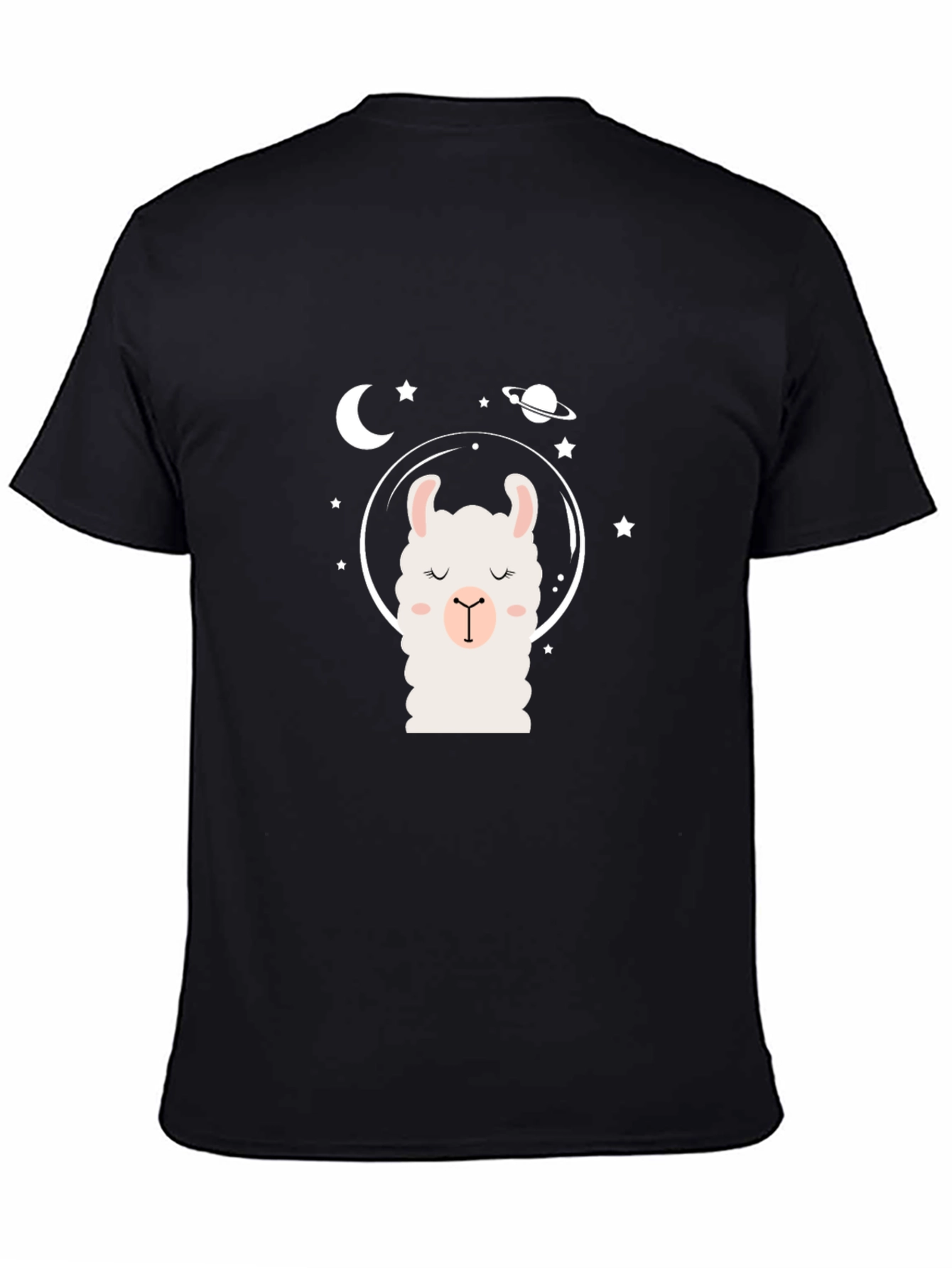 Llama in Space Black T-Shirt - Cute Cartoon Design