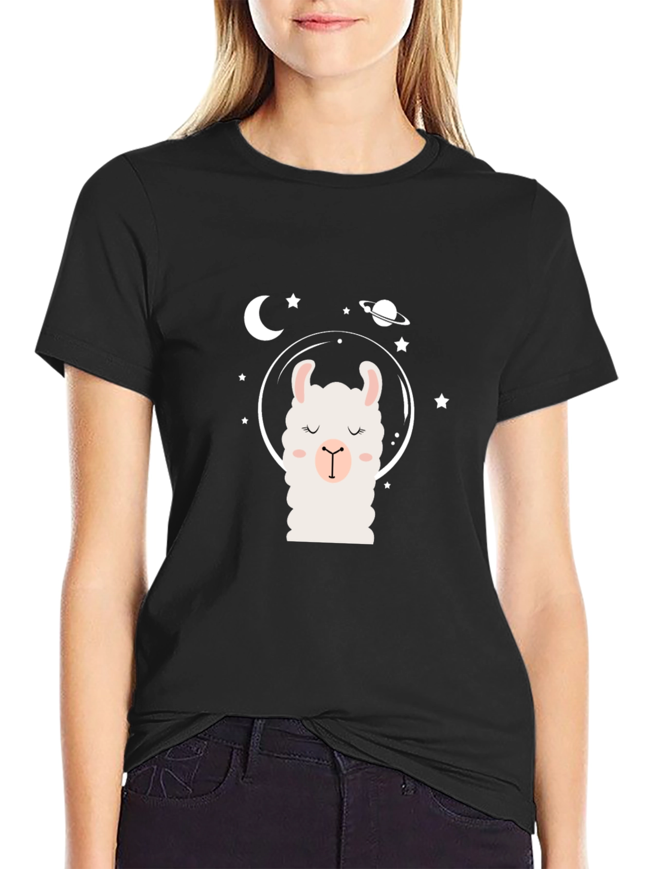 Llama in Space Black T-Shirt - Cute Cartoon Design