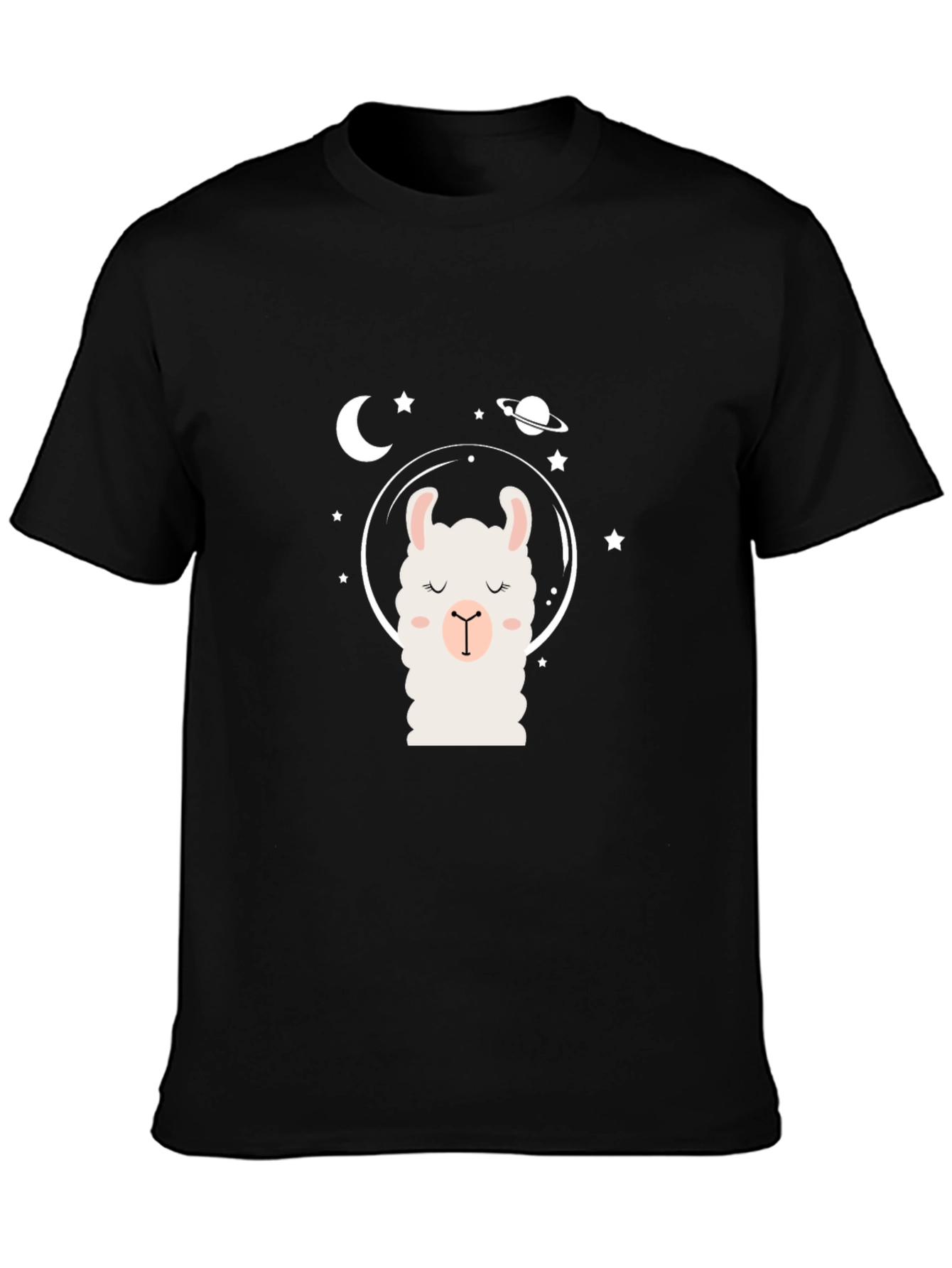 Llama in Space Black T-Shirt - Cute Cartoon Design