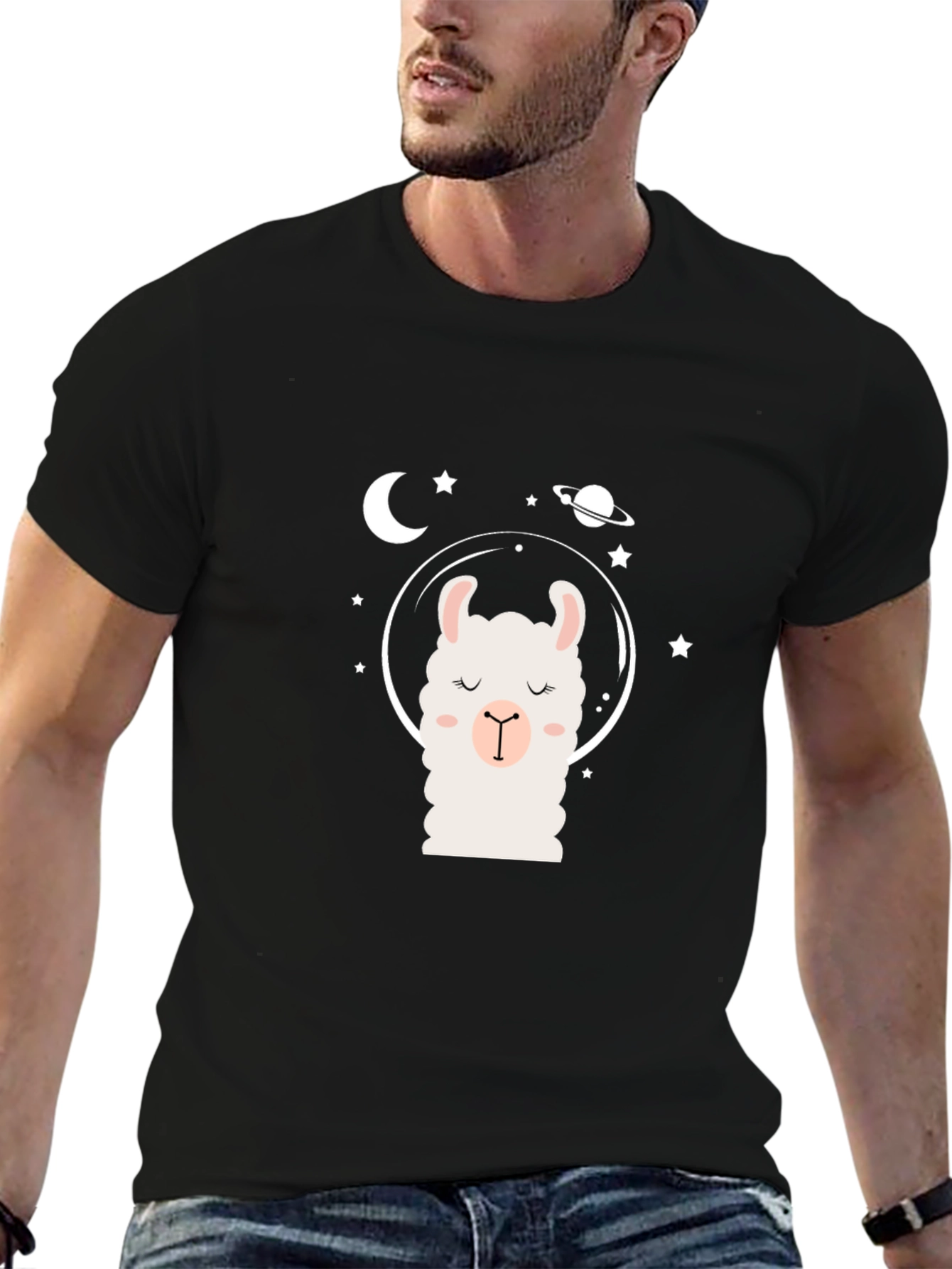 Llama in Space Black T-Shirt - Cute Cartoon Design