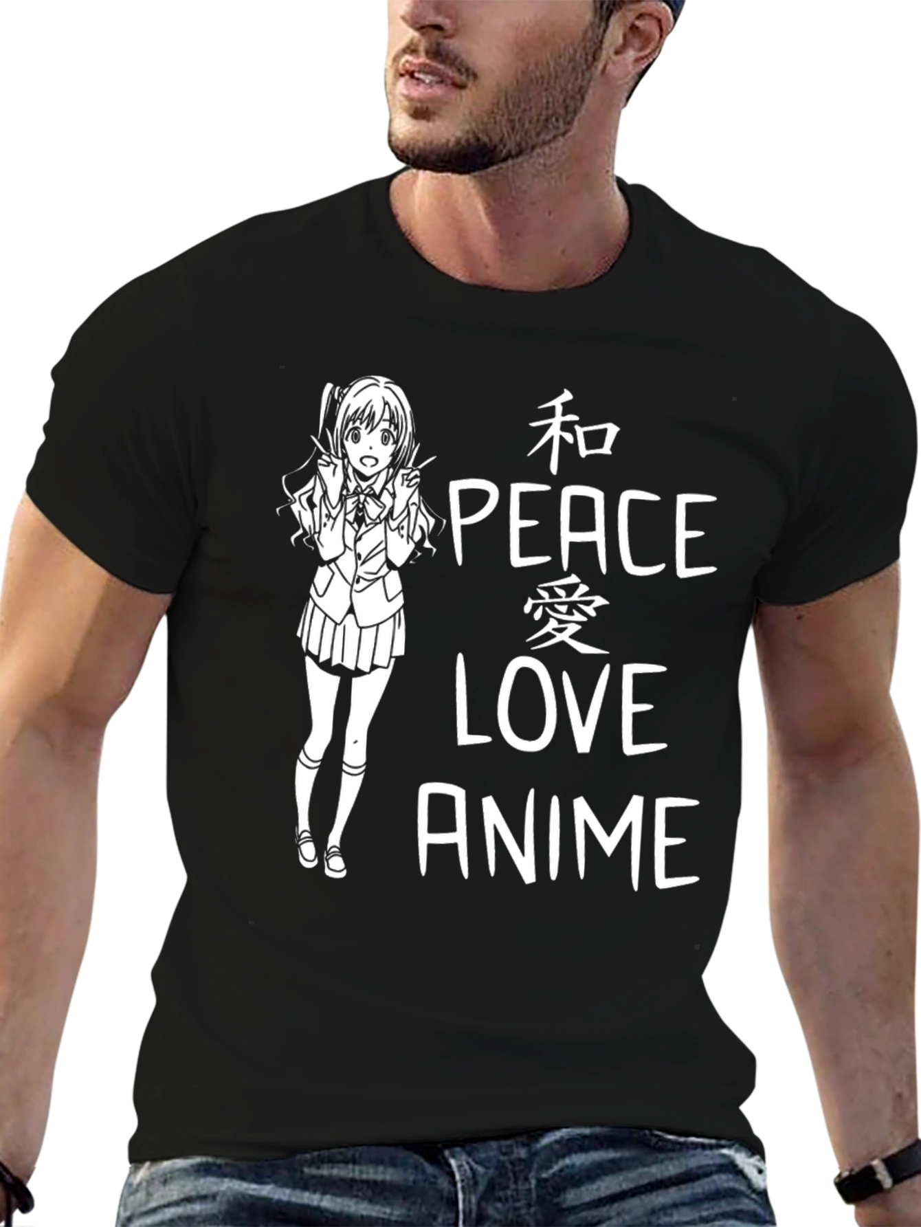 Anime Peace Love T-Shirt - Black Graphic Tee