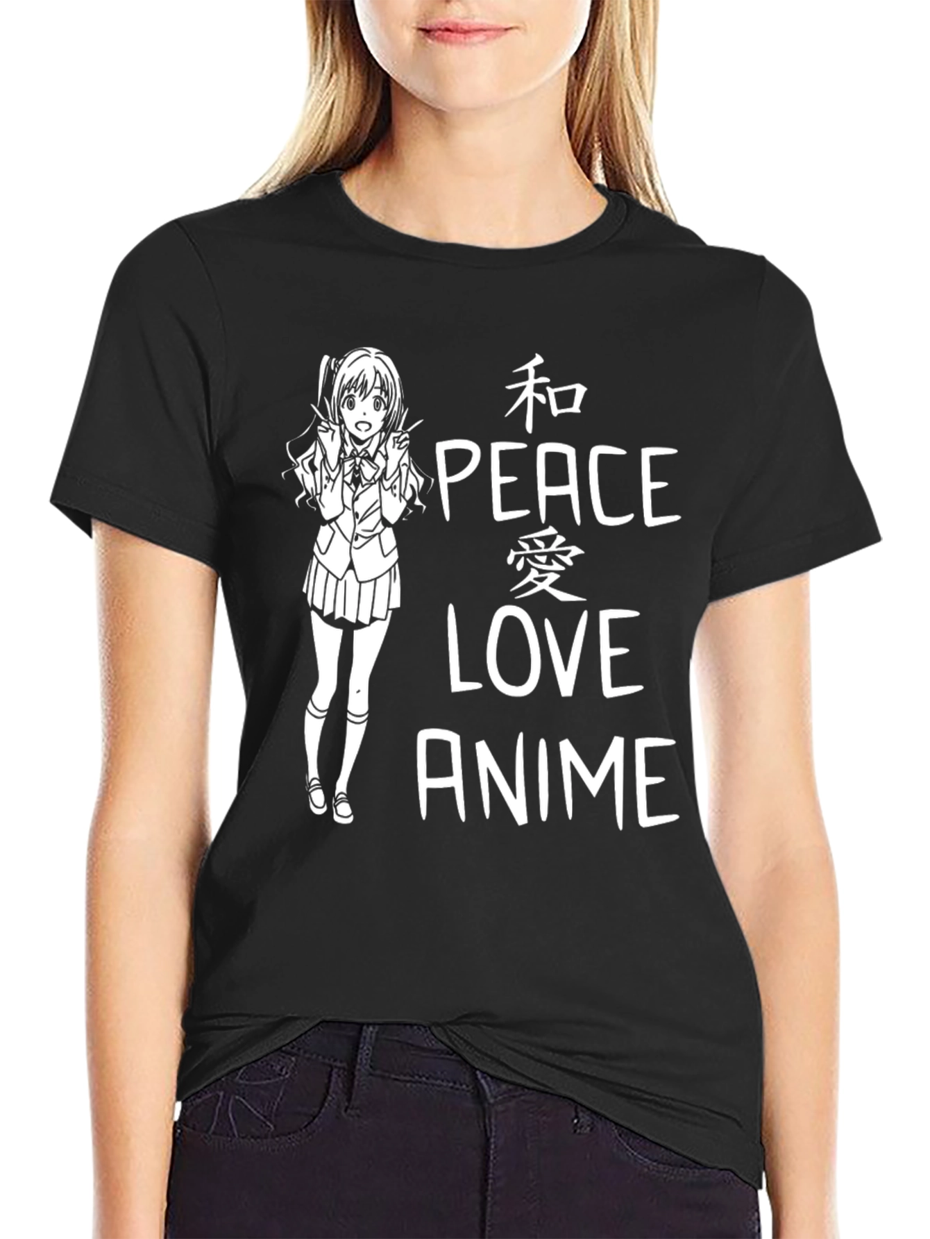 Anime Peace Love T-Shirt - Black Graphic Tee