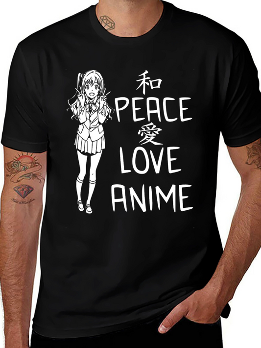 Anime Peace Love T-Shirt - Black Graphic Tee