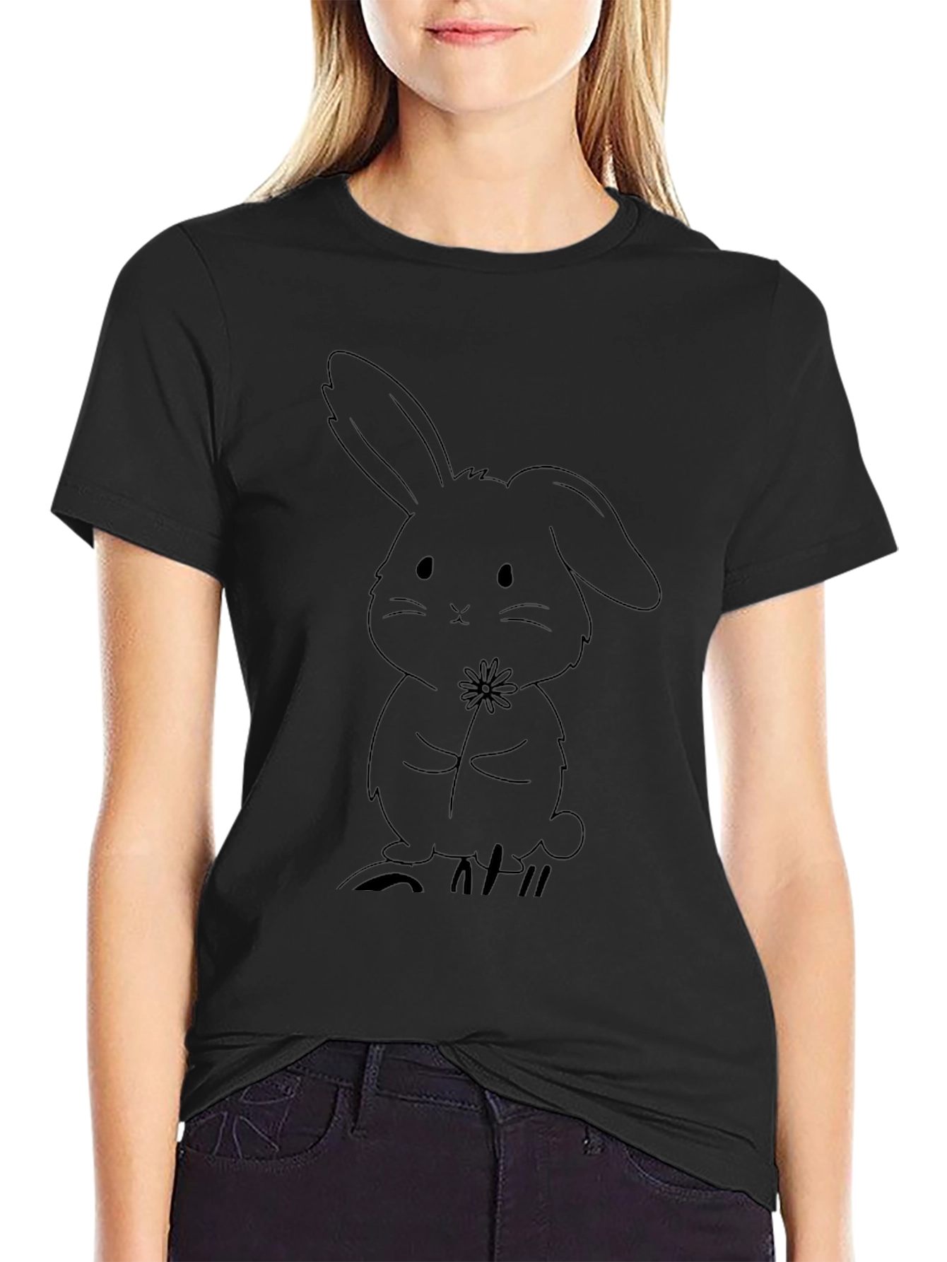 Cute Bunny Graphic Tee - Black