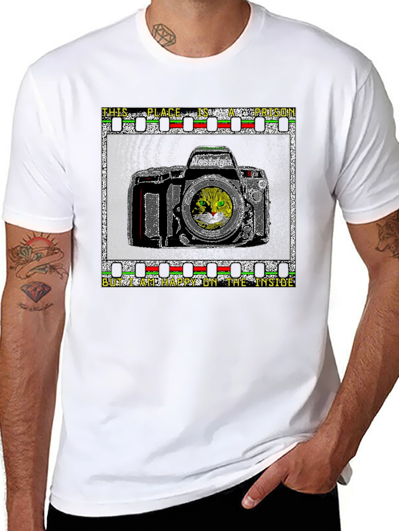 Nostalgia Cat Camera Graphic T-Shirt