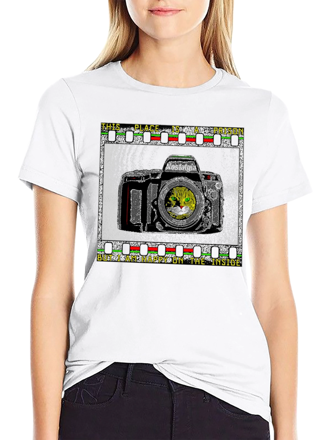 Nostalgia Cat Camera Graphic T-Shirt