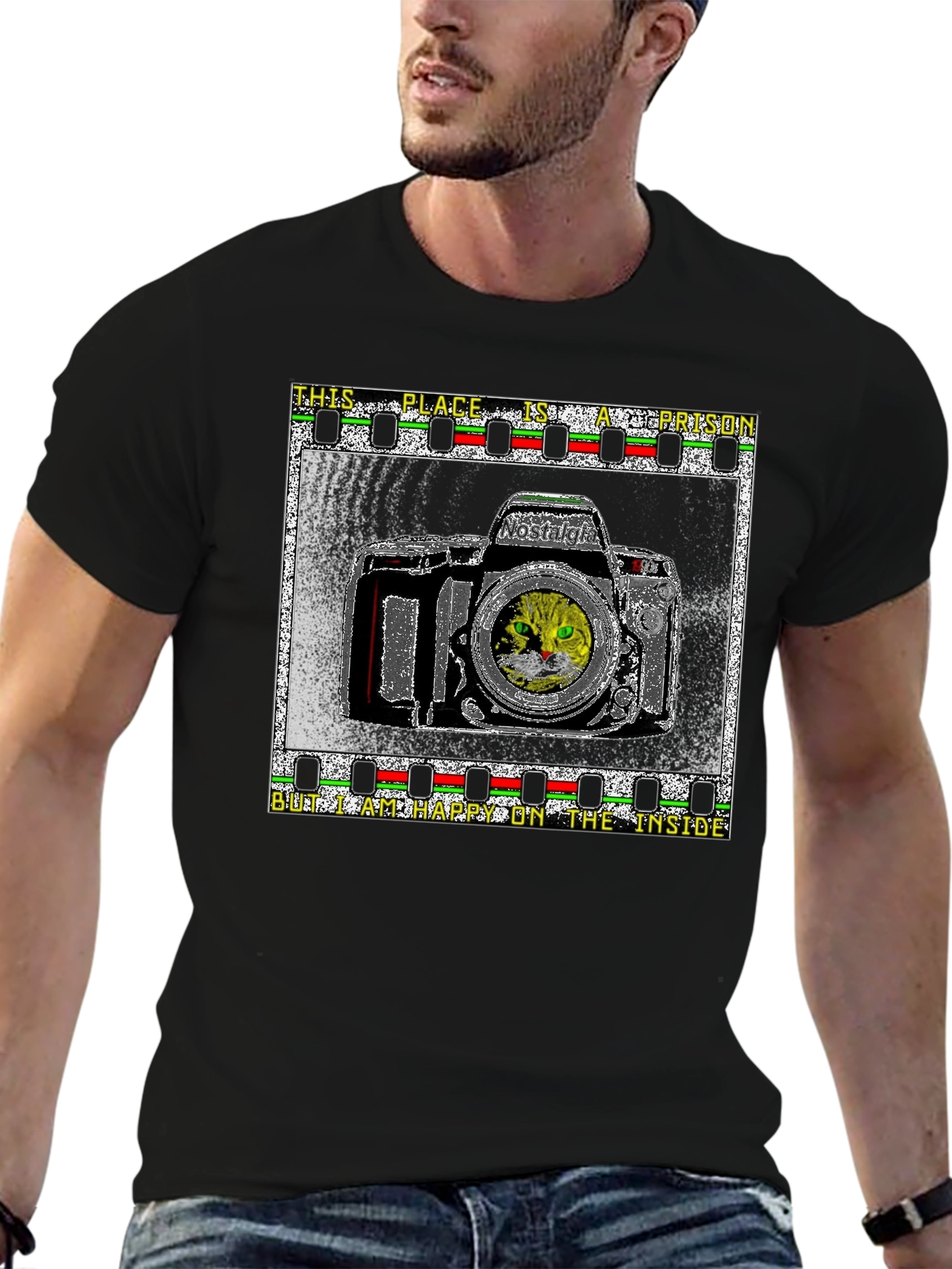 Nostalgia Cat Camera Graphic T-Shirt