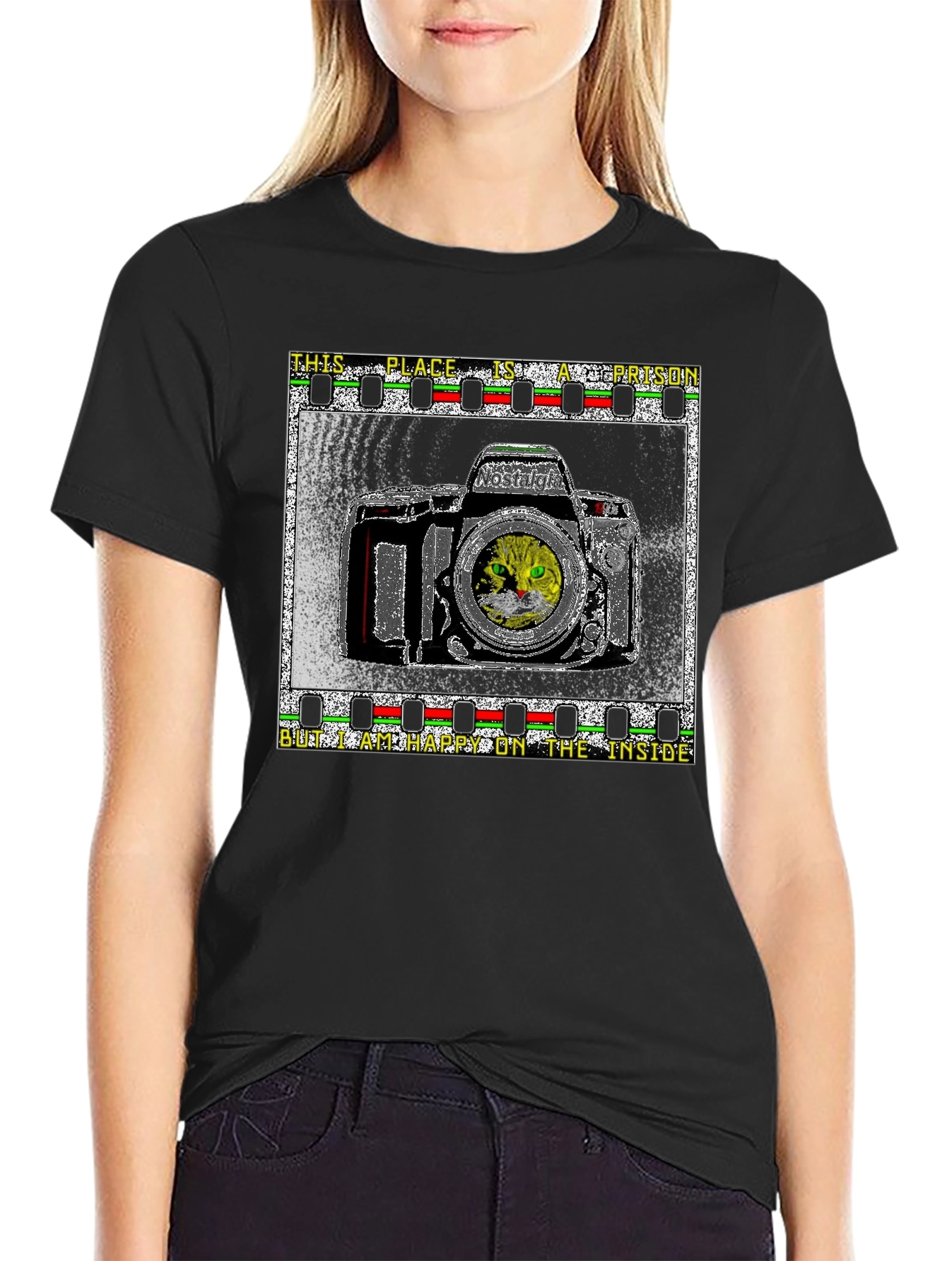 Nostalgia Cat Camera Graphic T-Shirt