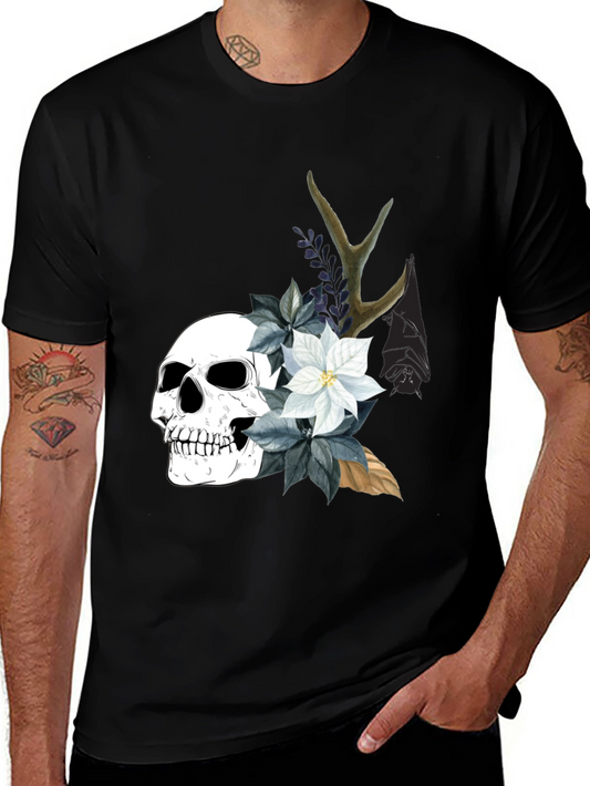 Skull & Floral Black Graphic Tee - Unique Design