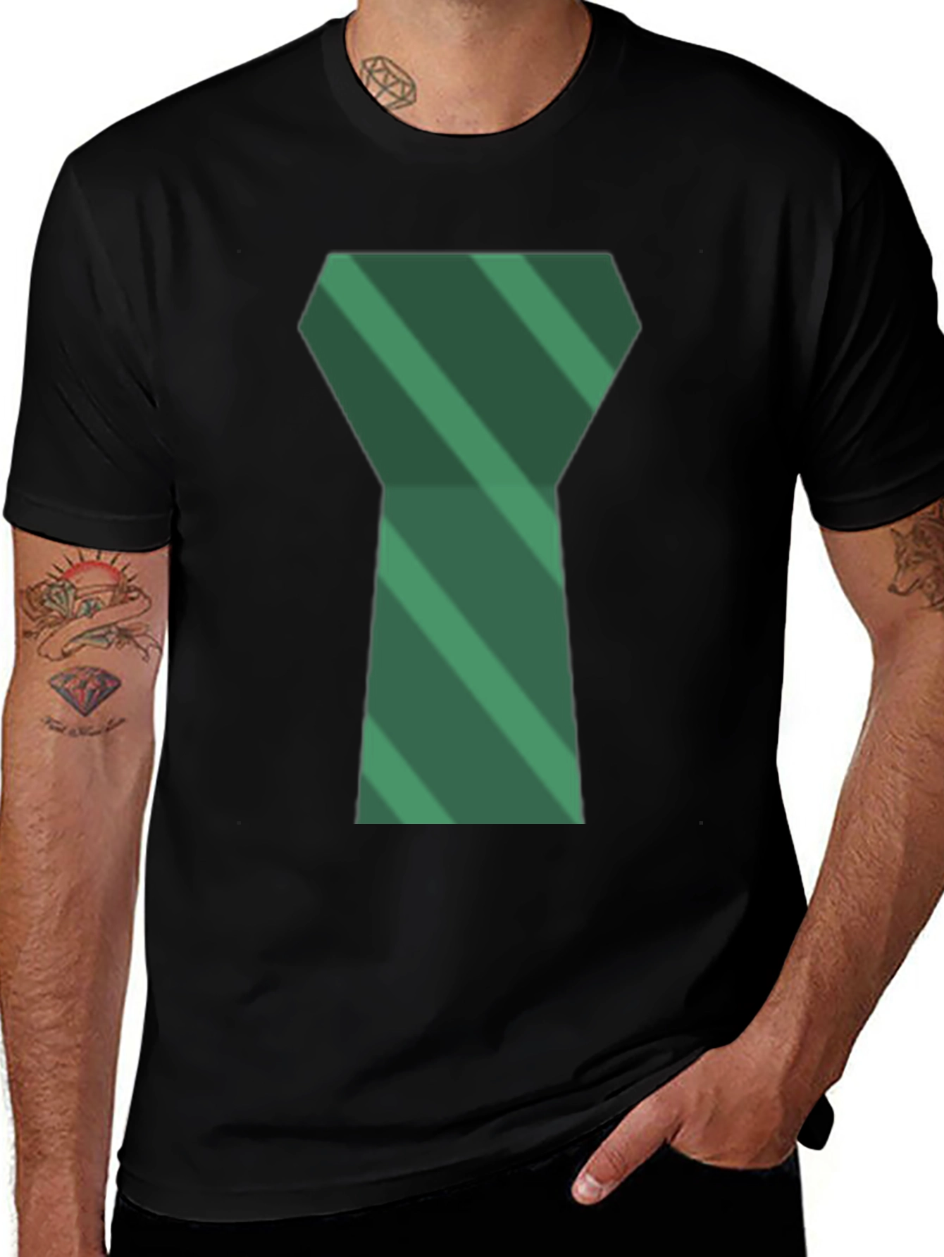 Green Tie Graphic Mens Black T-Shirt