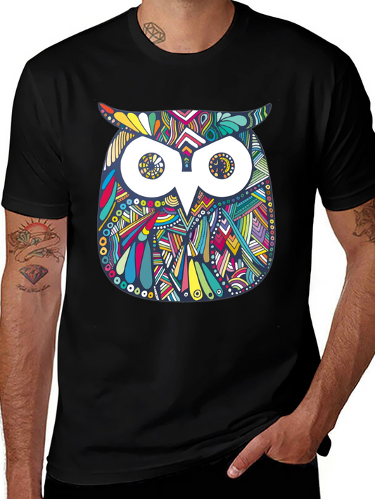 Colorful Owl Graphic T-Shirt - Mens Black Tee
