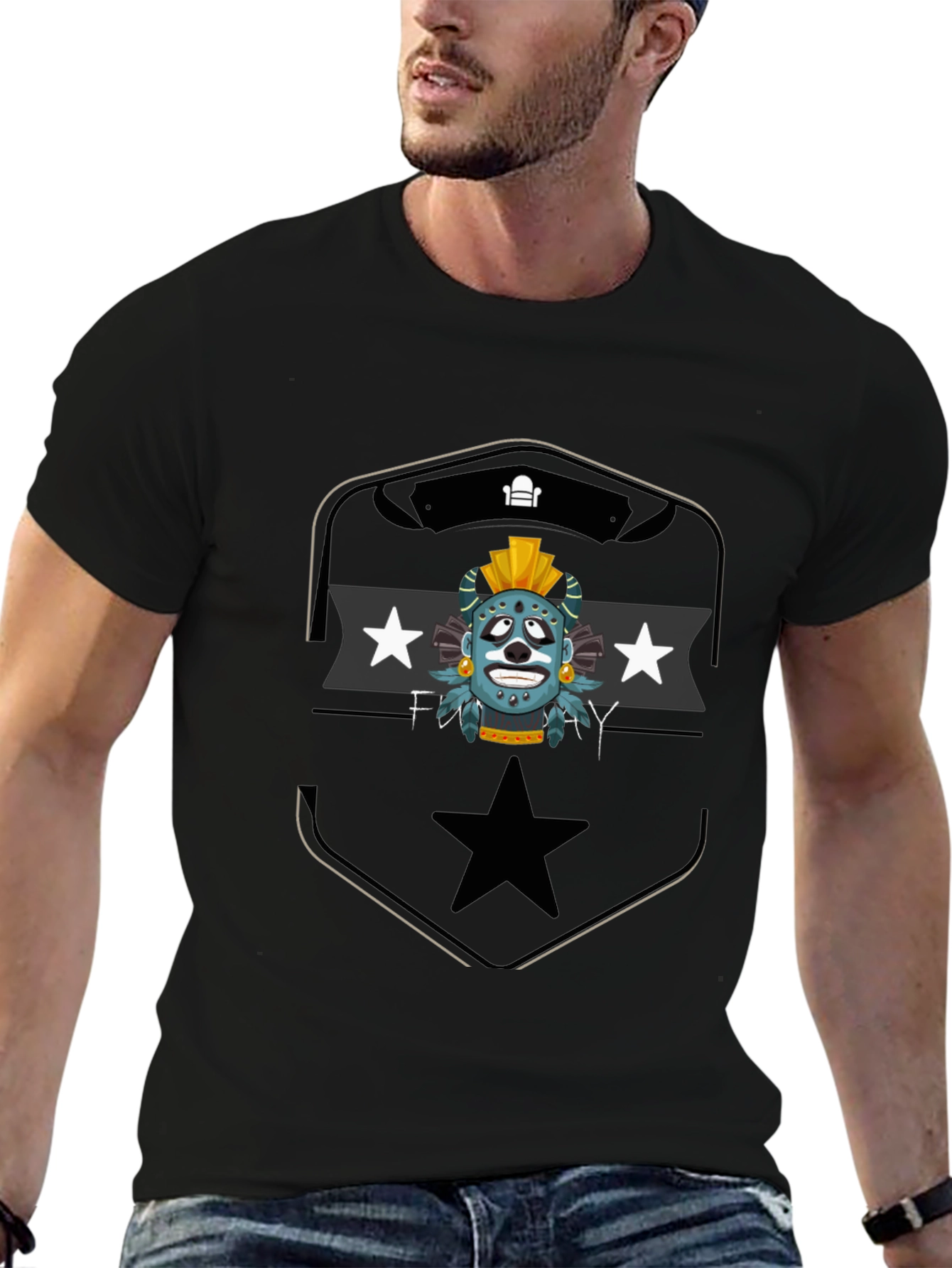 Aztec Mask Graphic Tee - Black Cotton T-Shirt