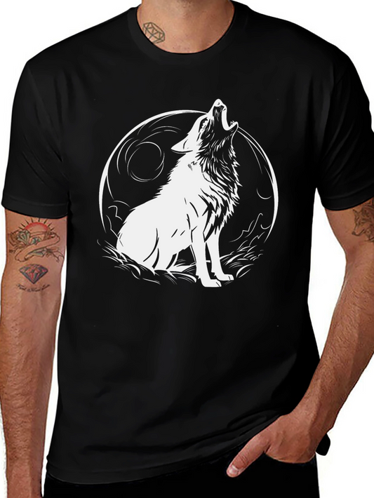 Wolf Howling at Moon Graphic Black T-Shirt