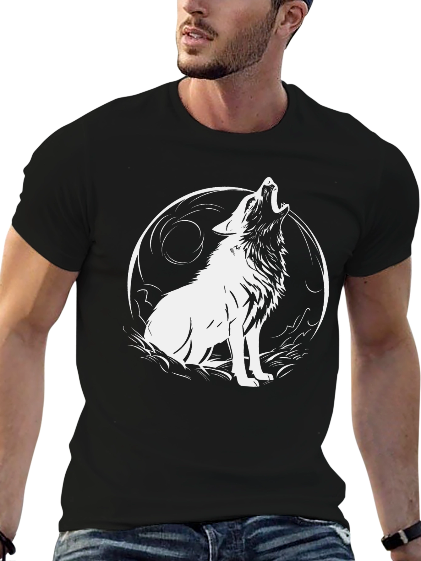 Wolf Howling at Moon Graphic Black T-Shirt