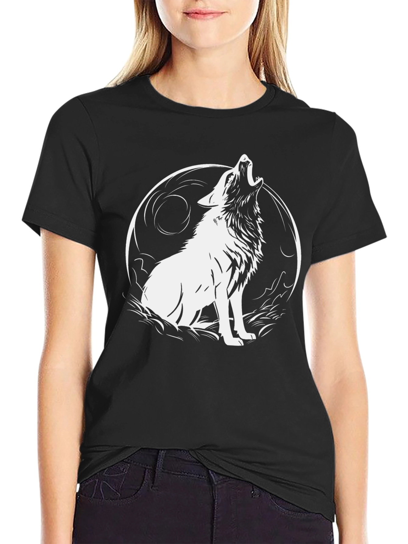 Wolf Howling at Moon Graphic Black T-Shirt