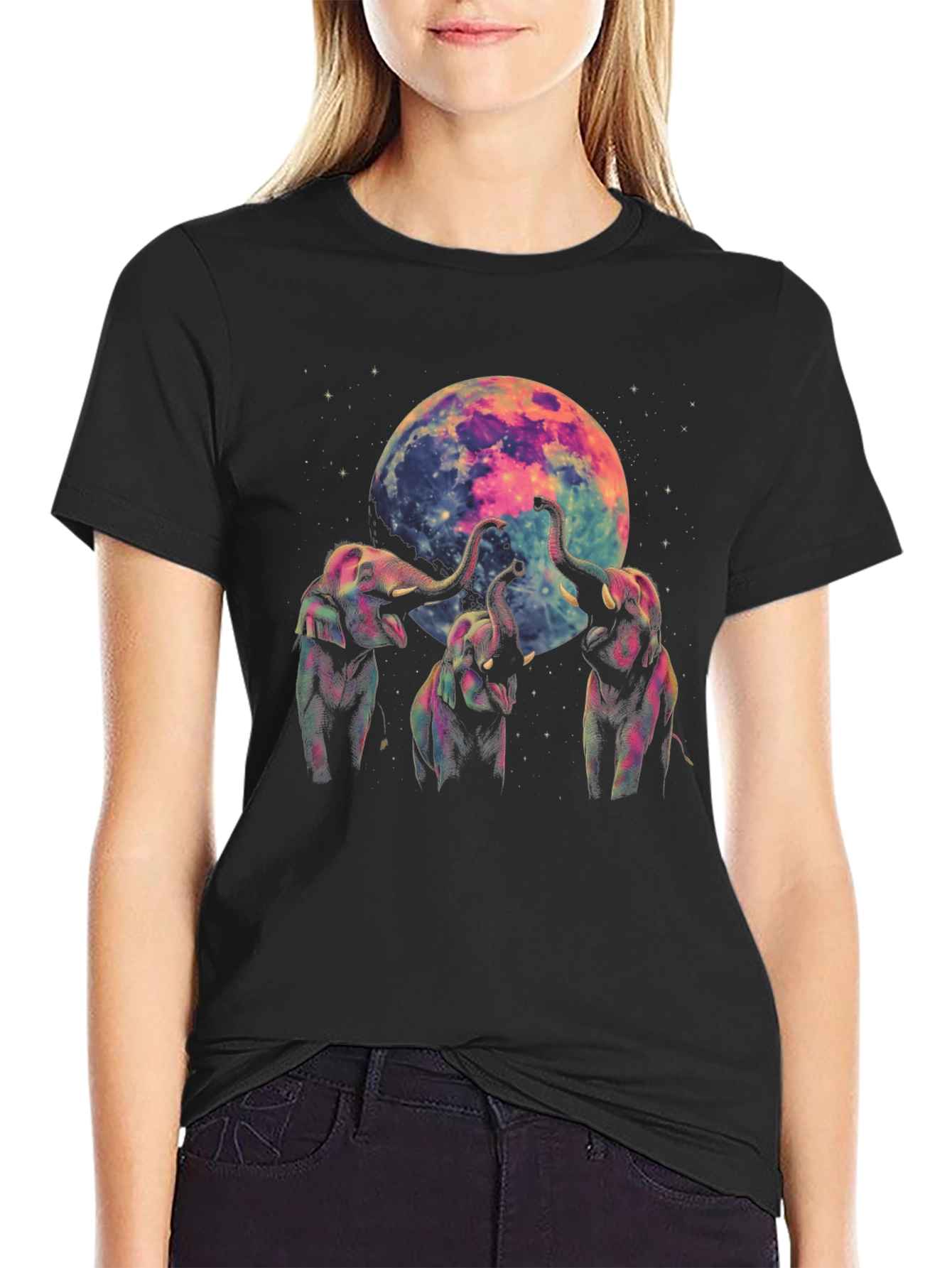 Elephant Moon Graphic Tee - Black Cotton Comfort