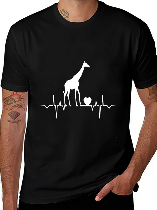 Giraffe Heartbeat Graphic Tee - Black Cotton T-Shirt