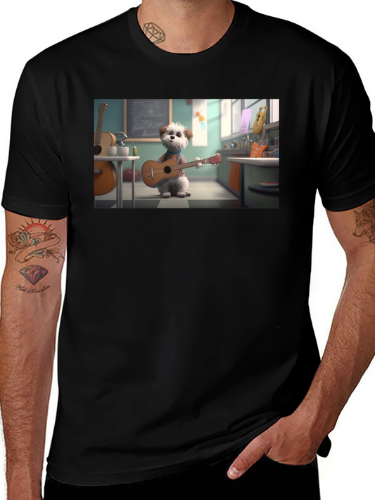 Dog Playing Guitar Graphic Tee - Black Cotton Blend