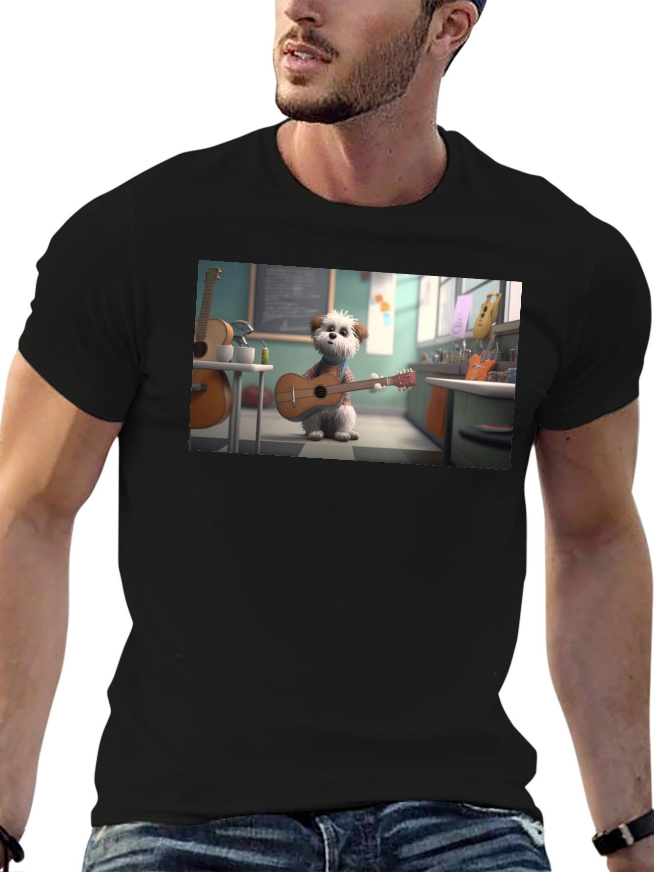 Dog Playing Guitar Graphic Tee - Black Cotton Blend