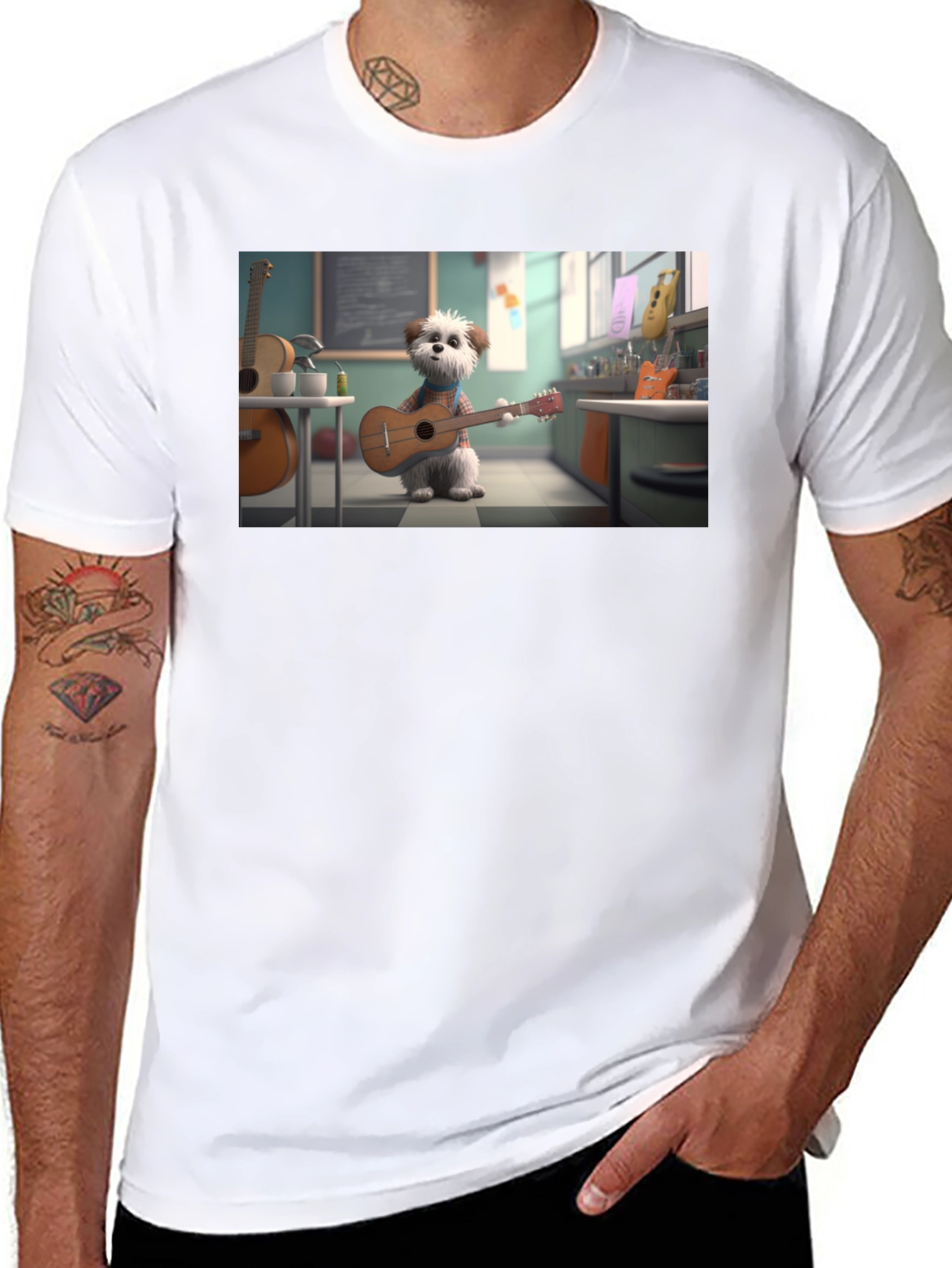 Dog Playing Guitar Graphic Tee - Black Cotton Blend
