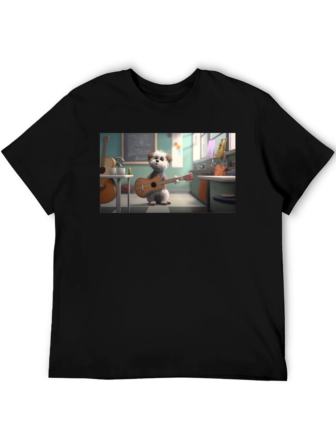 Dog Playing Guitar Graphic Tee - Black Cotton Blend