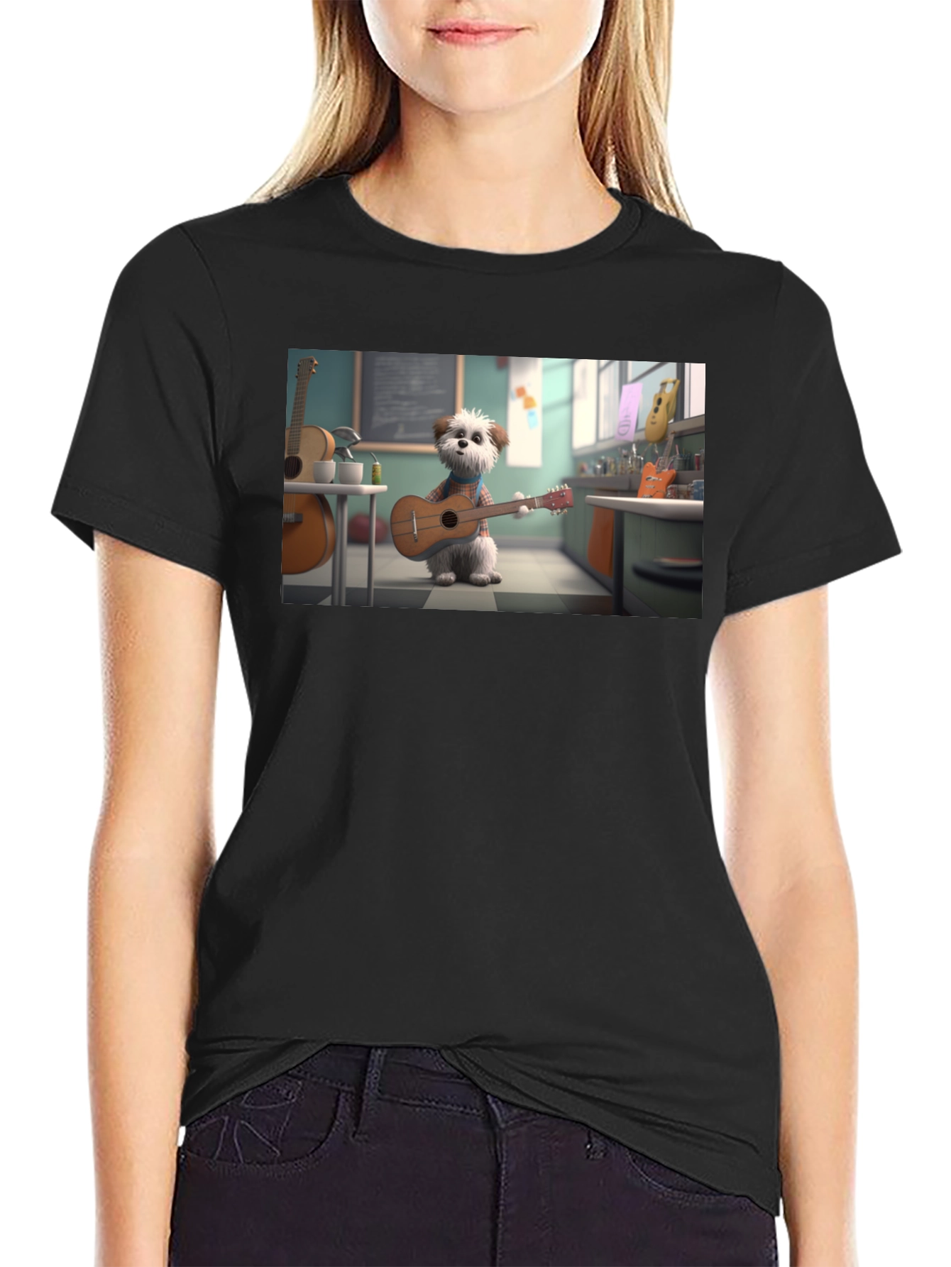 Dog Playing Guitar Graphic Tee - Black Cotton Blend