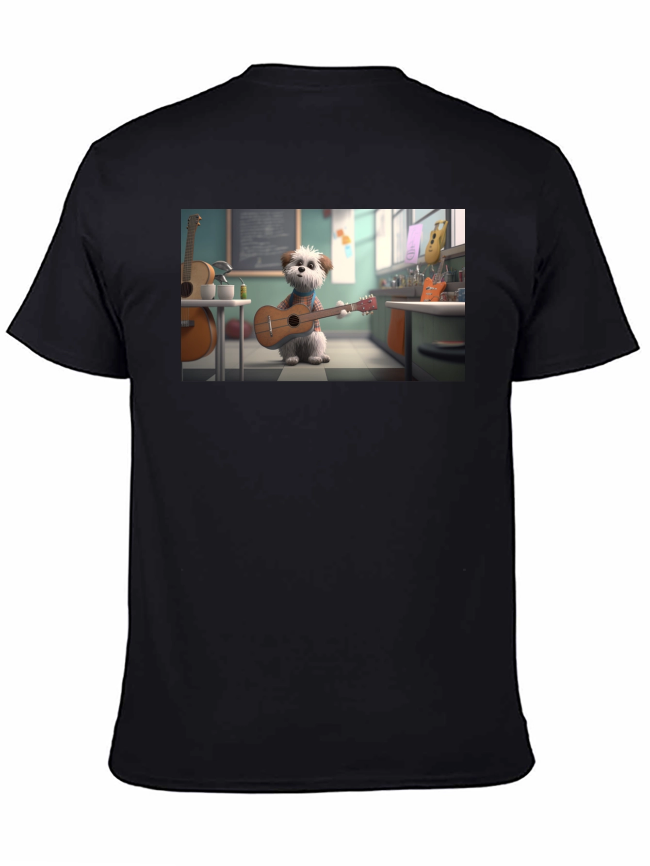 Dog Playing Guitar Graphic Tee - Black Cotton Blend