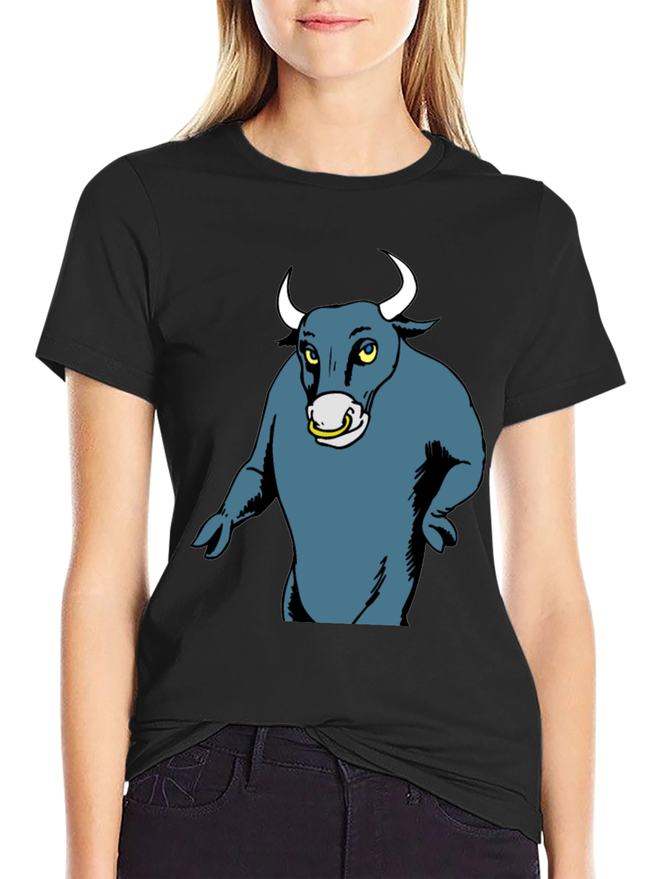 Cartoon Bull Graphic Tee - Black