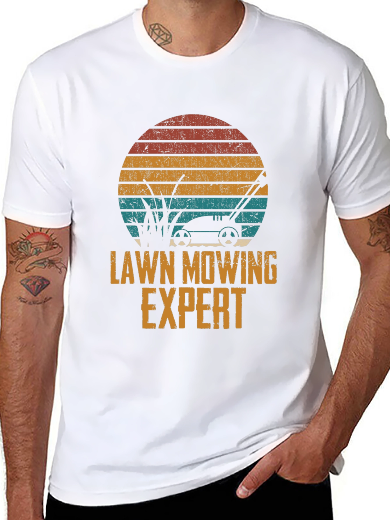 Lawn Mowing Expert Tee - Retro Sunset Design