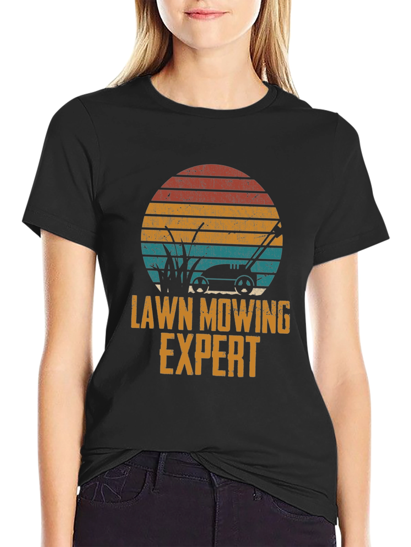 Lawn Mowing Expert Tee - Retro Sunset Design