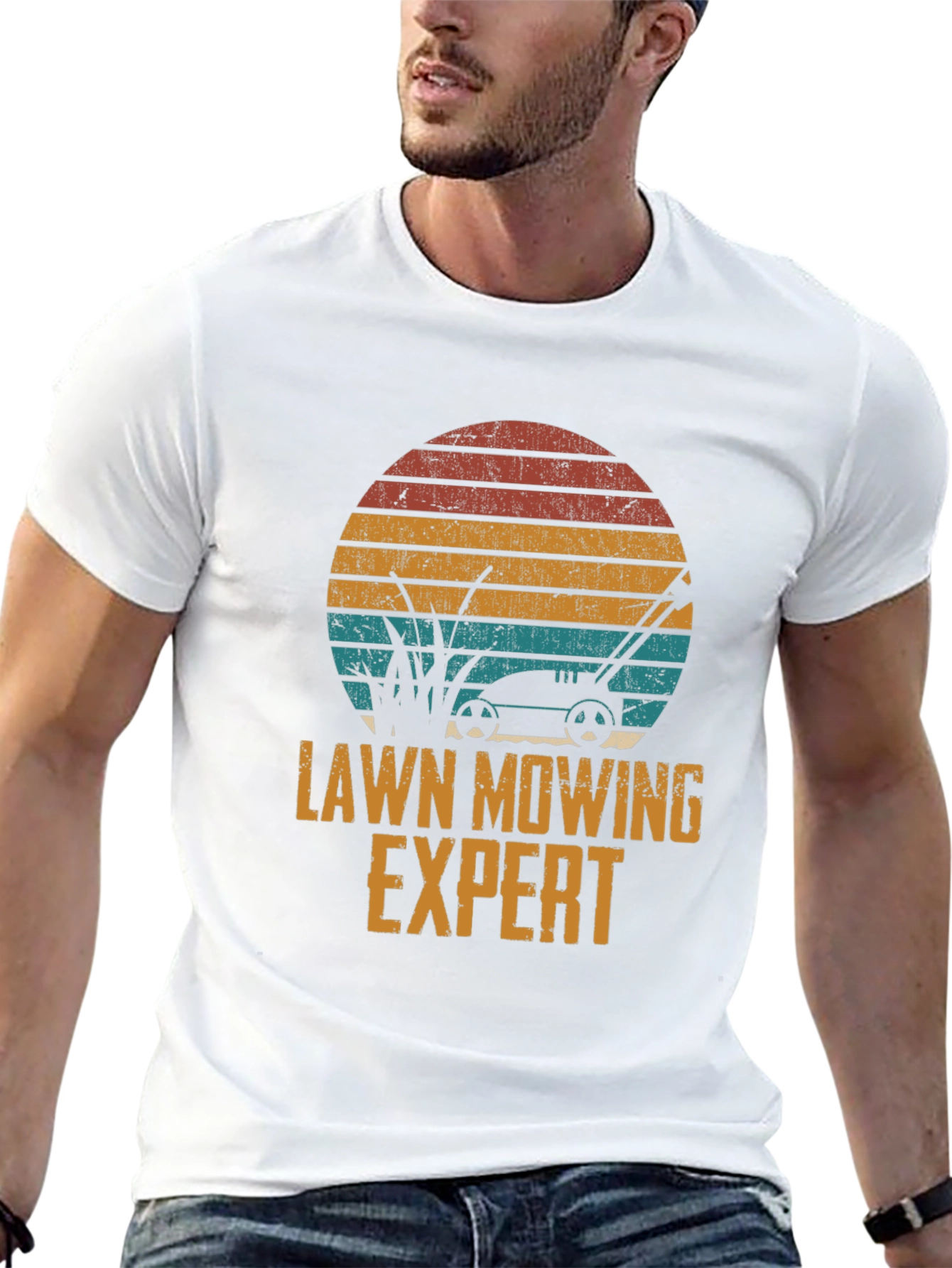 Lawn Mowing Expert Tee - Retro Sunset Design