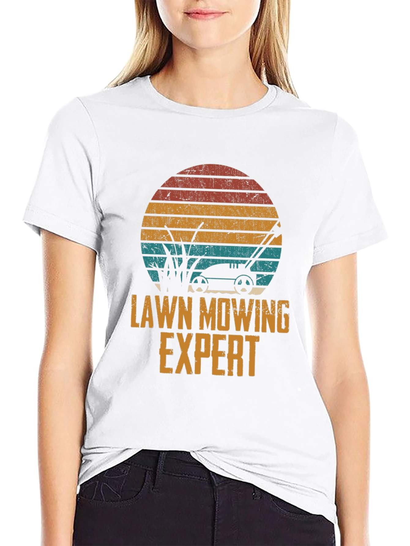 Lawn Mowing Expert Tee - Retro Sunset Design