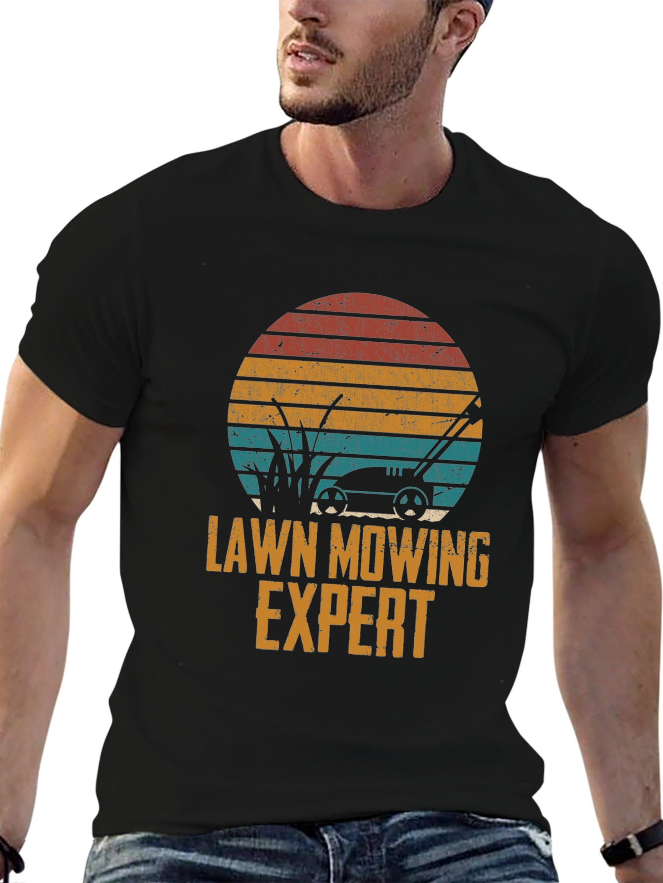 Lawn Mowing Expert Tee - Retro Sunset Design