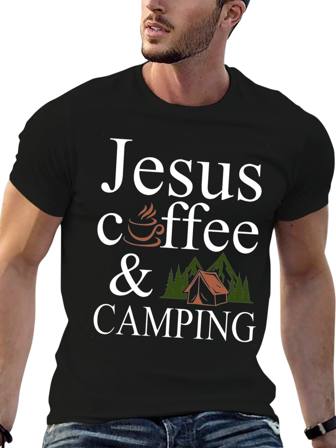 Jesus Coffee Camping Black Graphic T-Shirt