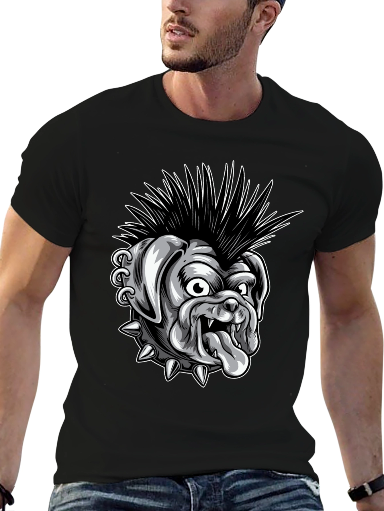 Punk Bulldog Graphic T-Shirt - Black Cotton Tee