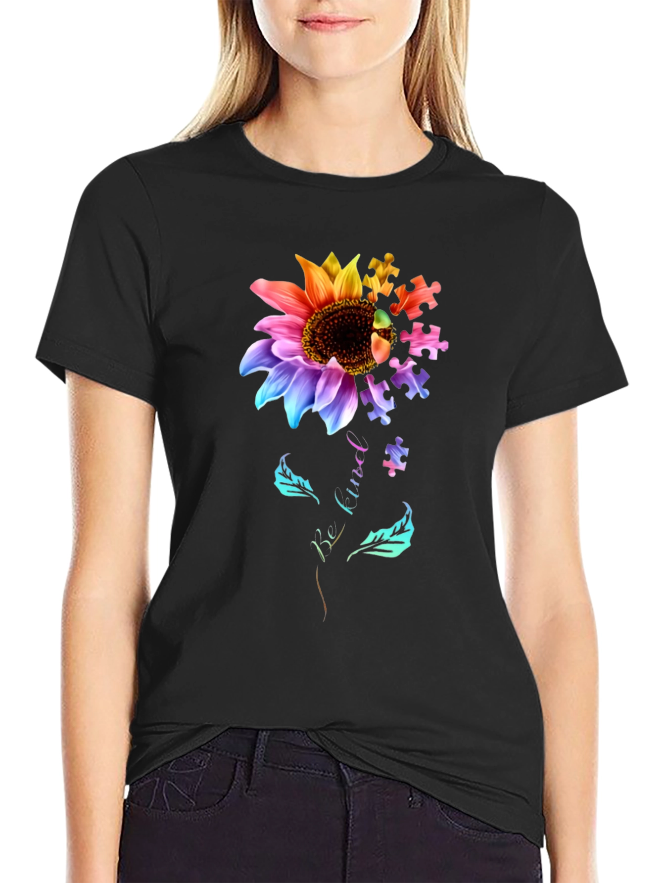 Autism Awareness Sunflower Puzzle Piece Graphic T-Shirt