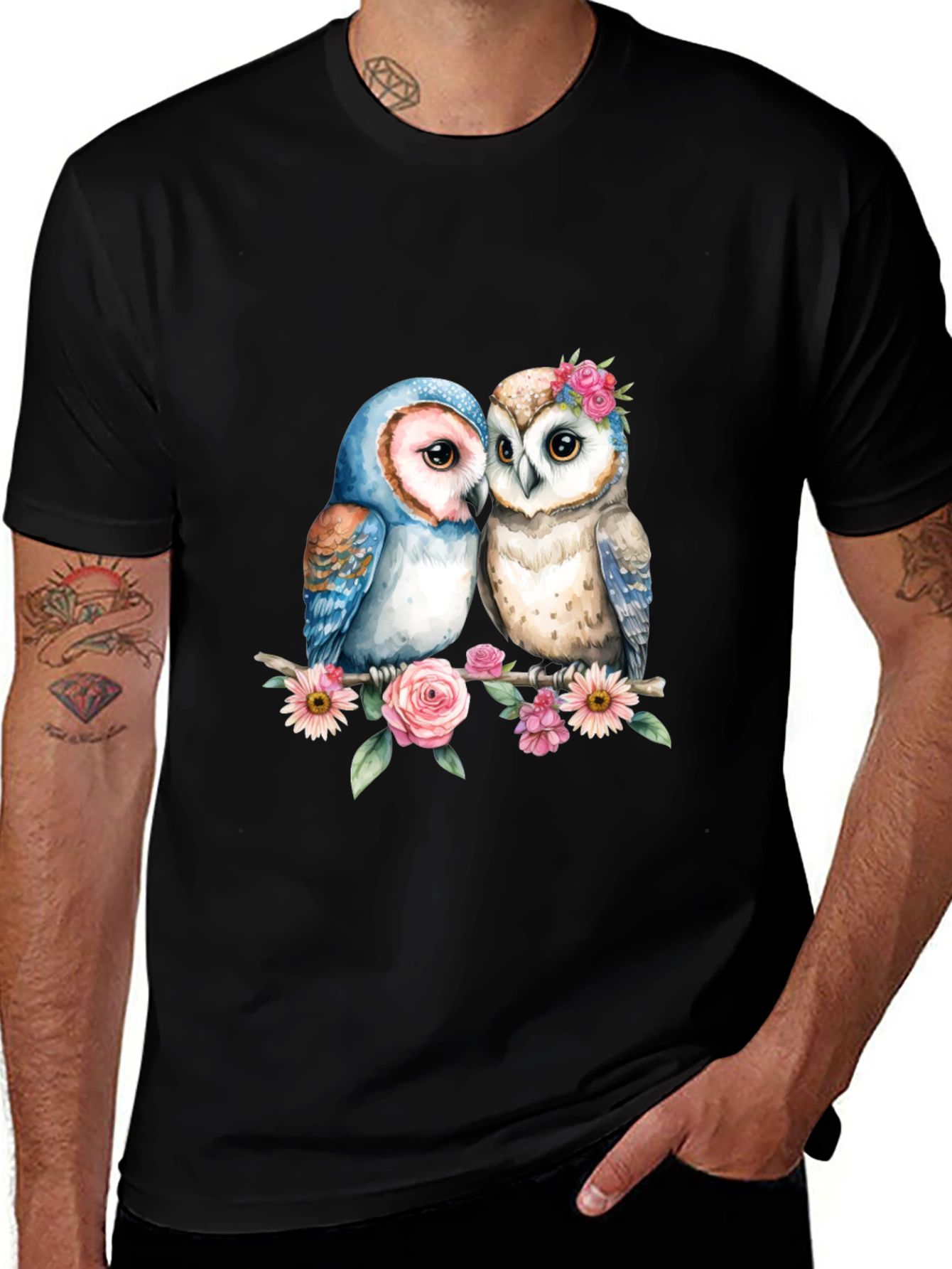 Floral Owl Couple Graphic T-Shirt