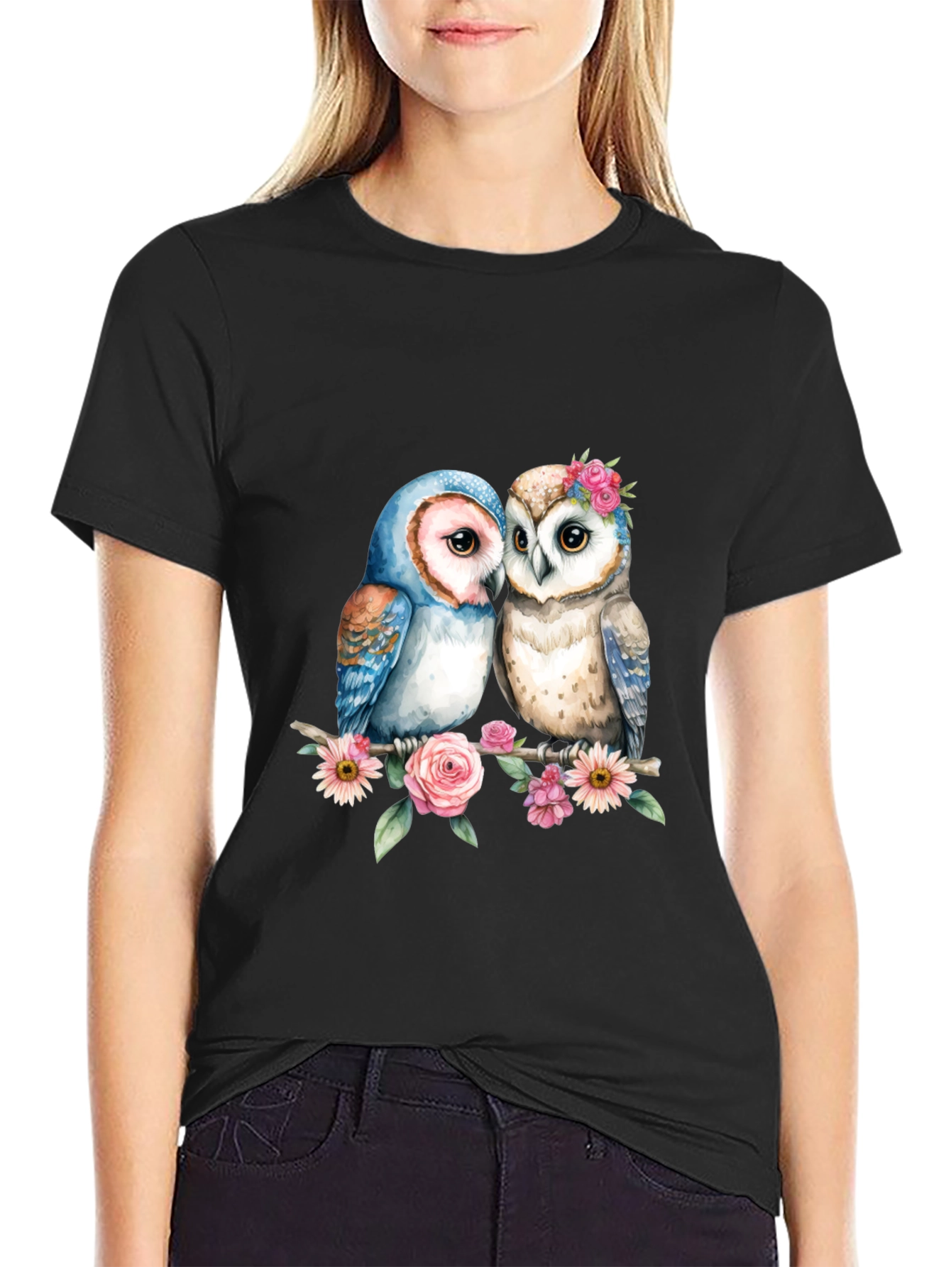 Floral Owl Couple Graphic T-Shirt