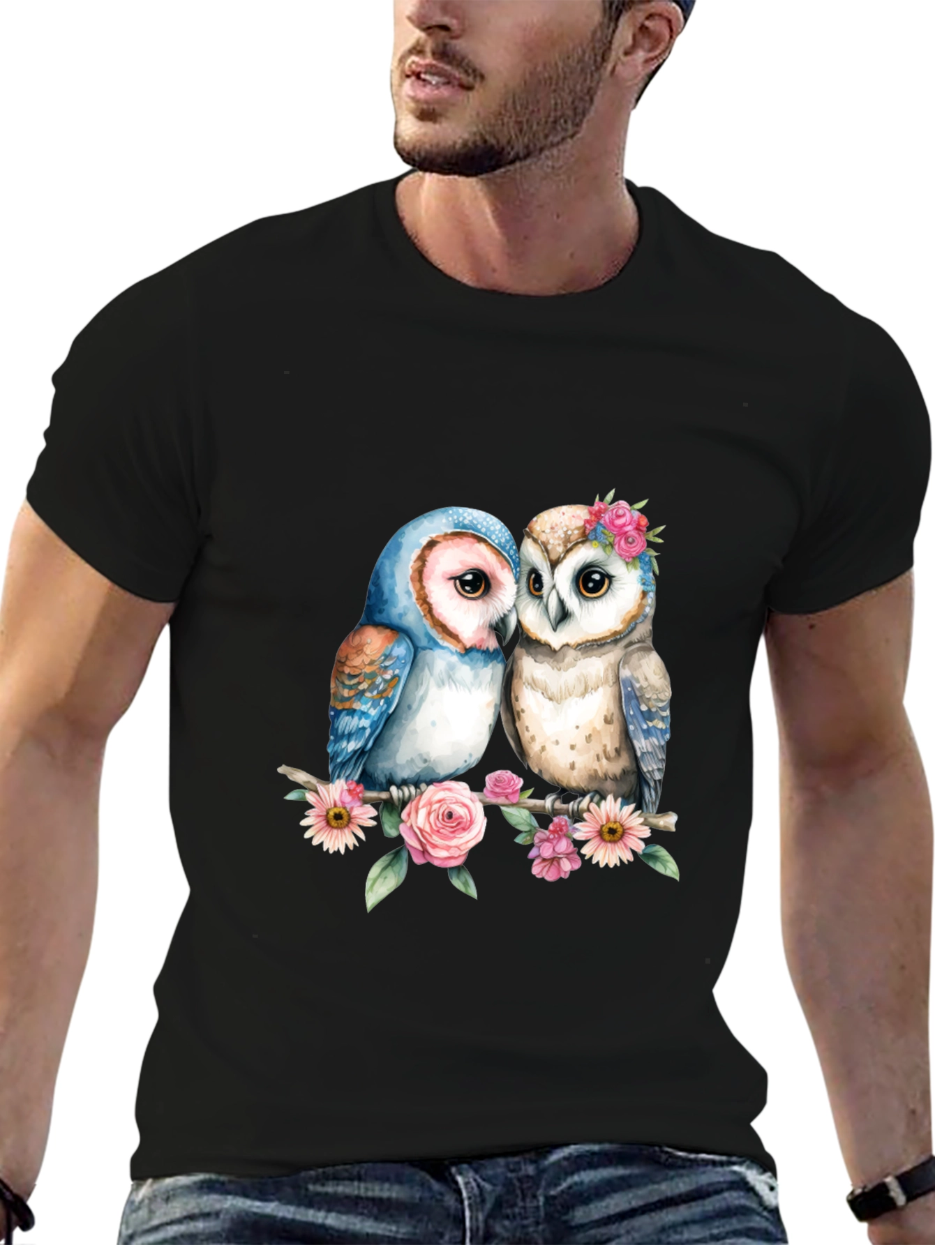 Floral Owl Couple Graphic T-Shirt