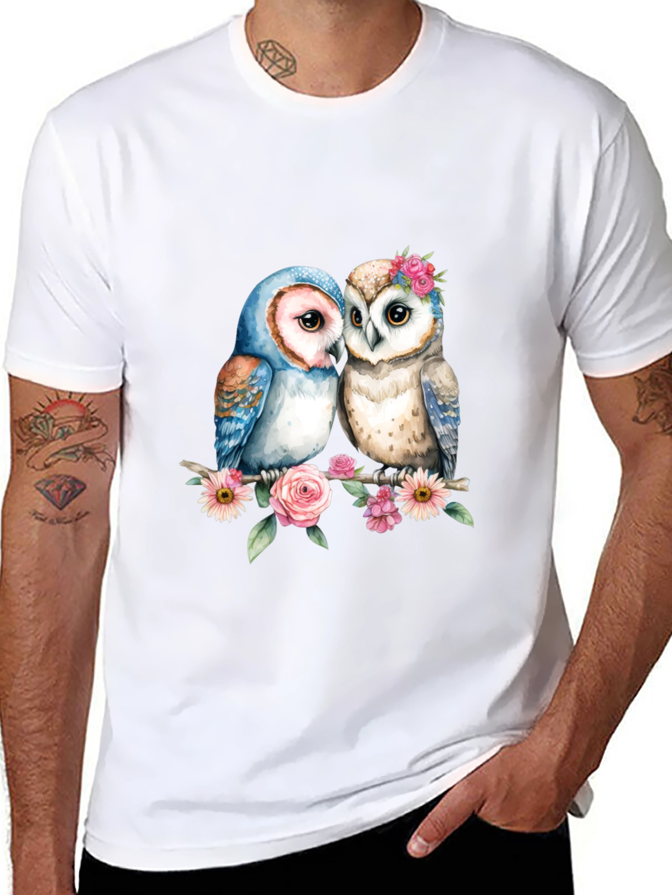 Floral Owl Couple Graphic T-Shirt