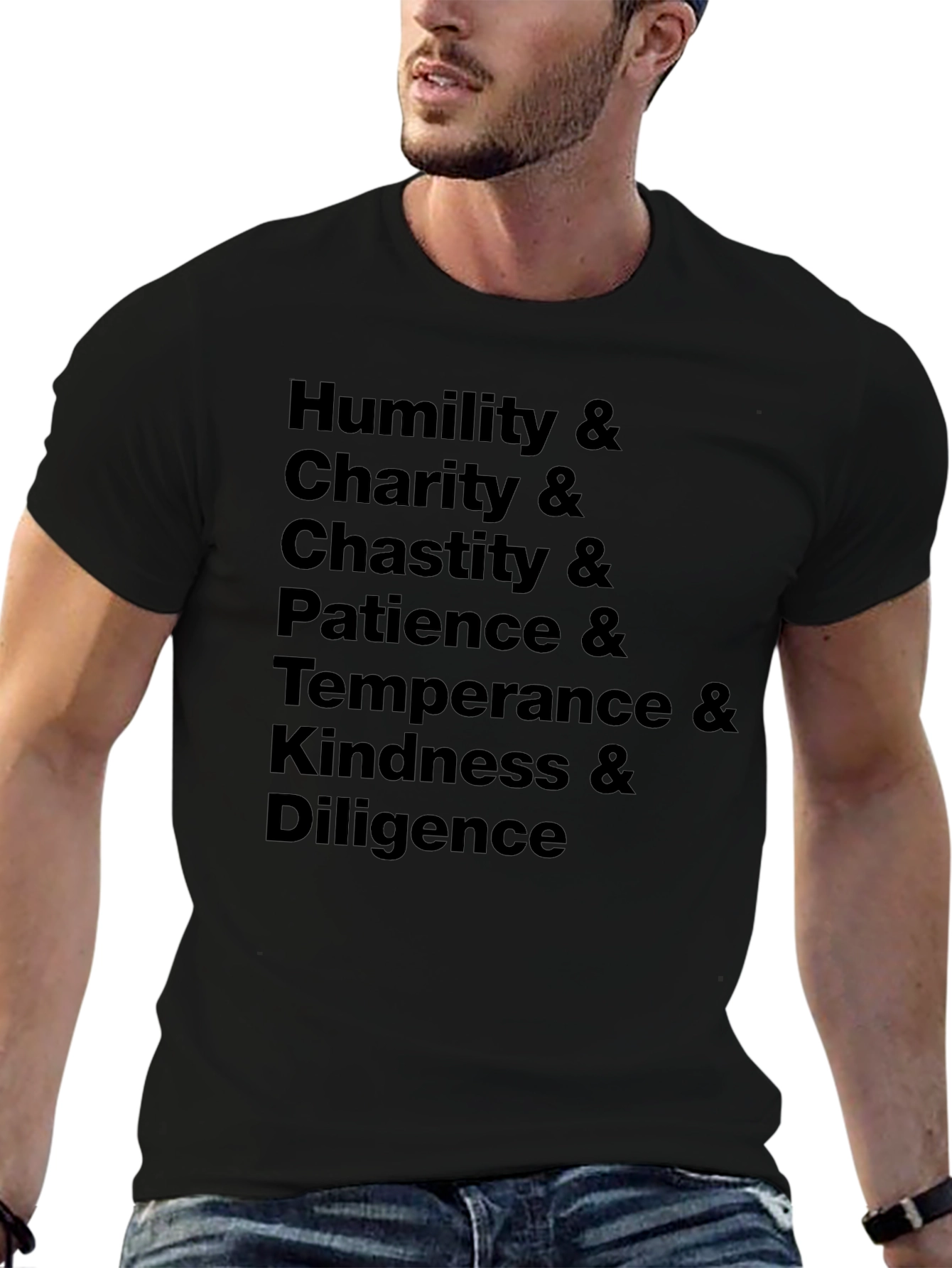 Virtues Black T-Shirt - Humility Charity Chastity