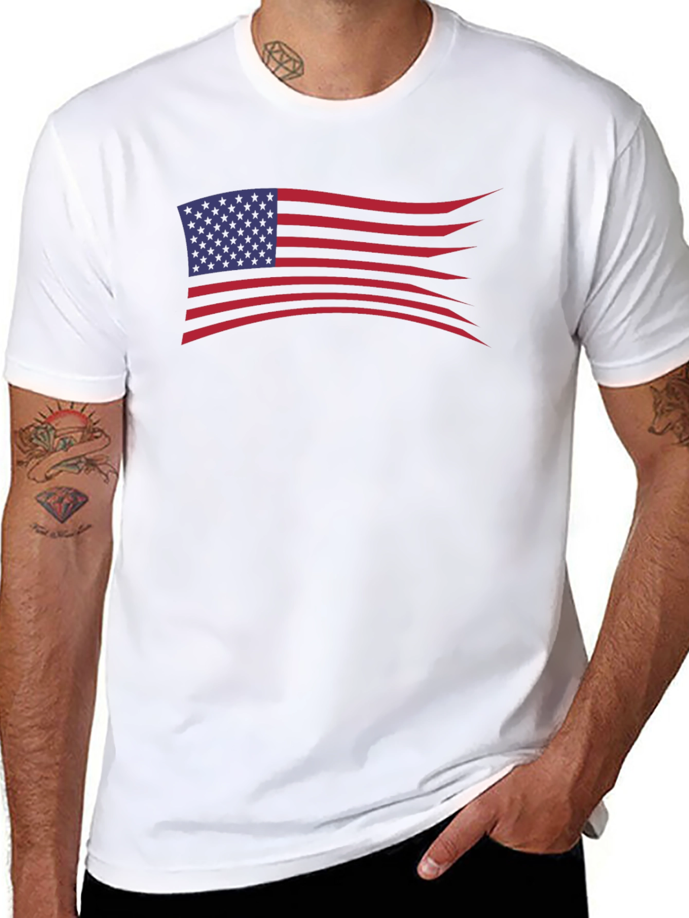 American Flag Wavy Design Black T-Shirt