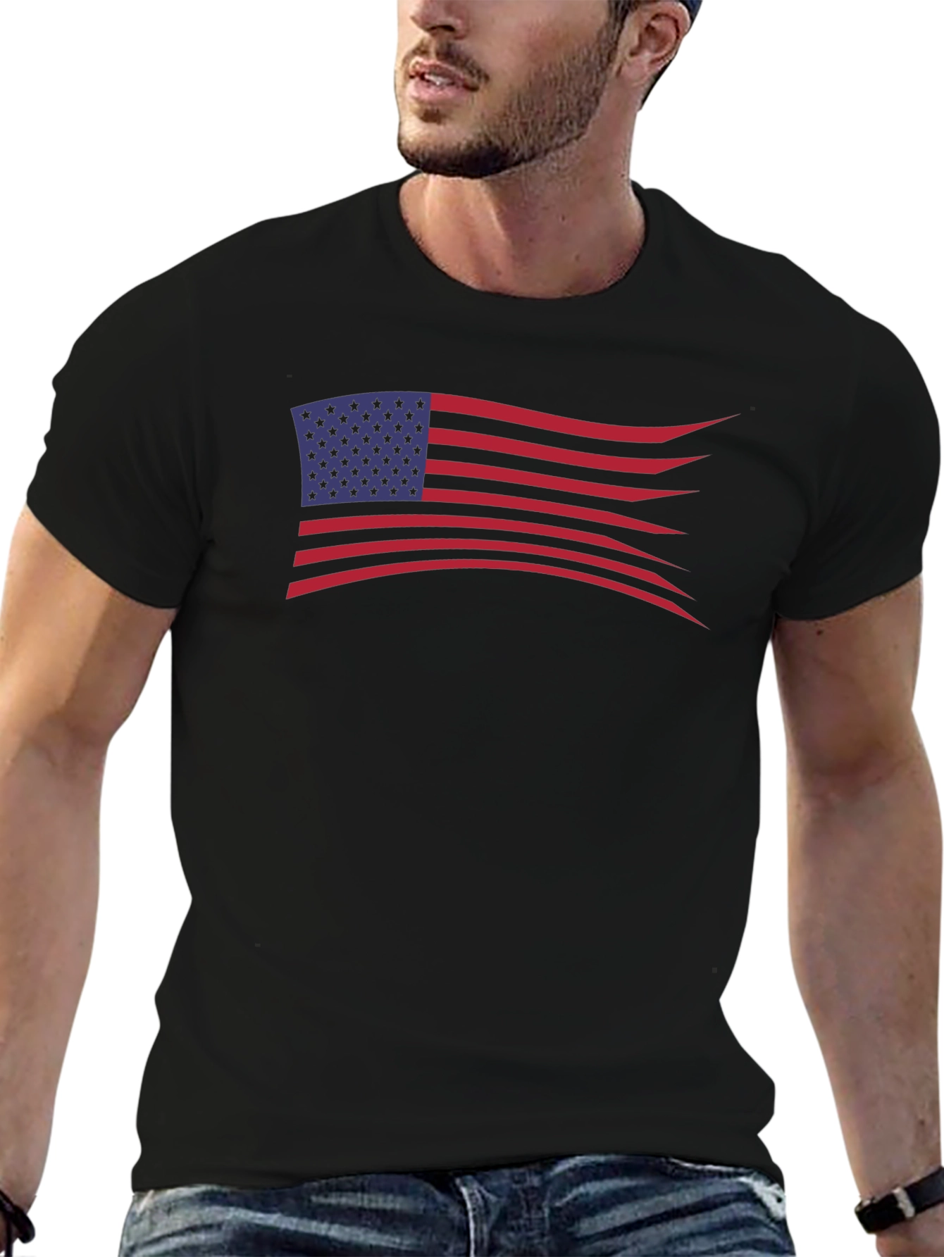American Flag Wavy Design Black T-Shirt