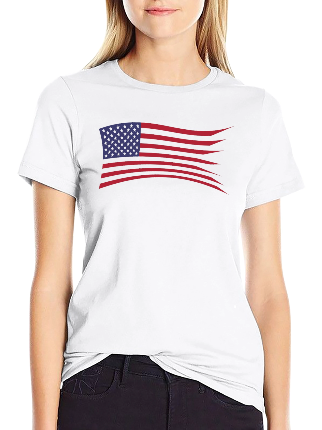 American Flag Wavy Design Black T-Shirt
