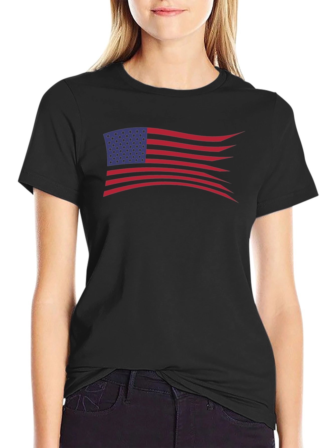 American Flag Wavy Design Black T-Shirt
