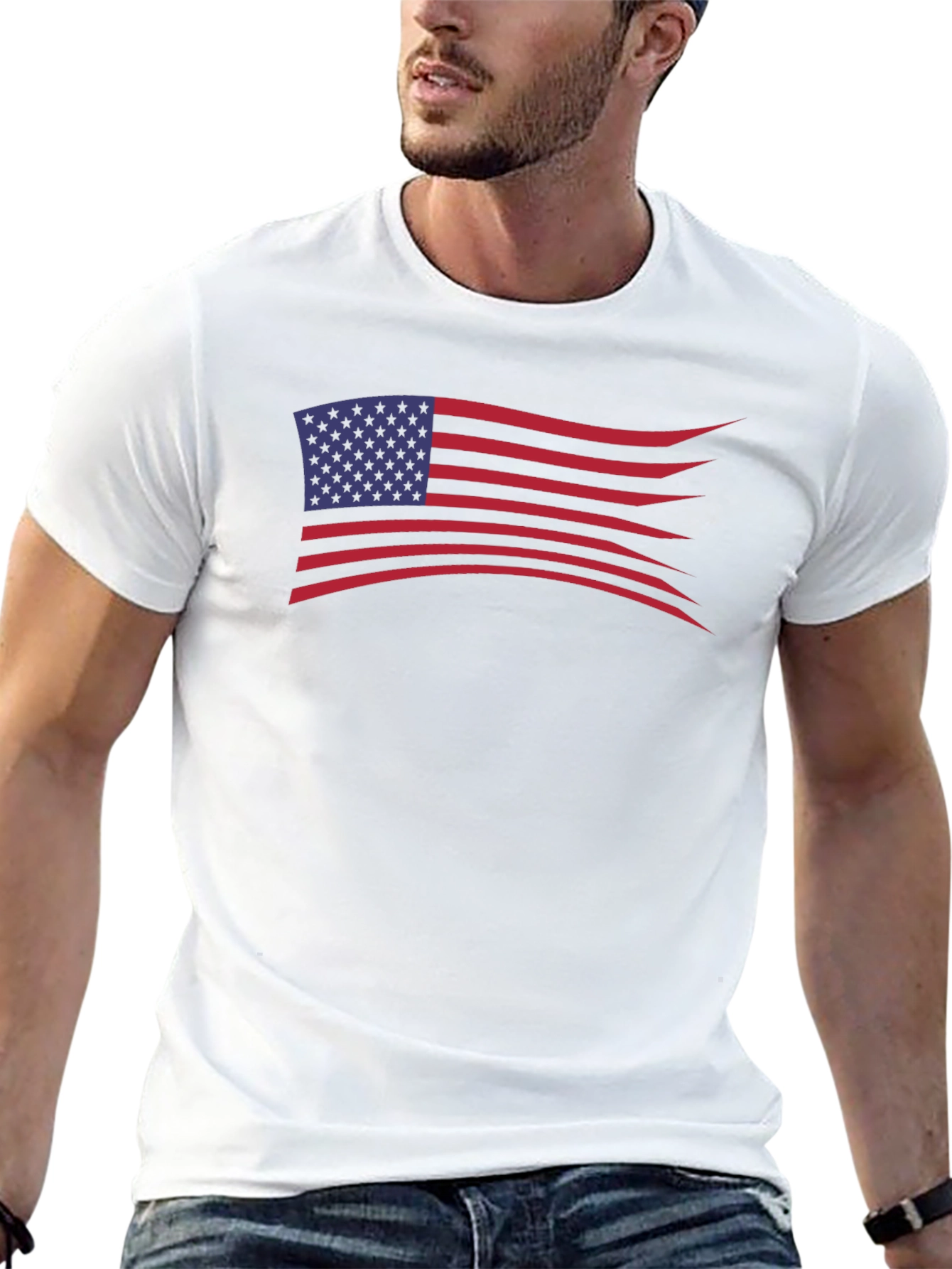 American Flag Wavy Design Black T-Shirt