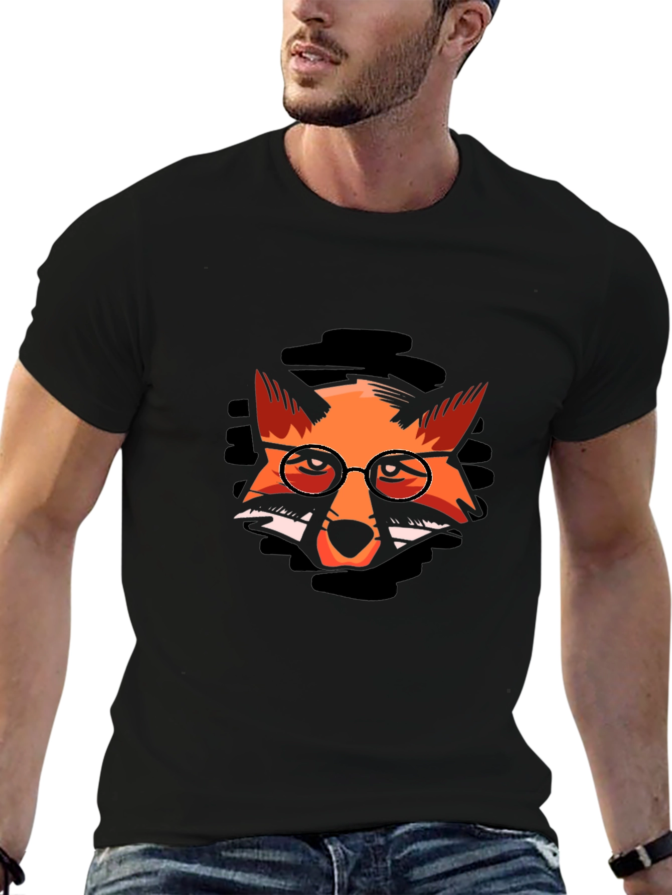 Fox with Glasses Graphic Black T-Shirt