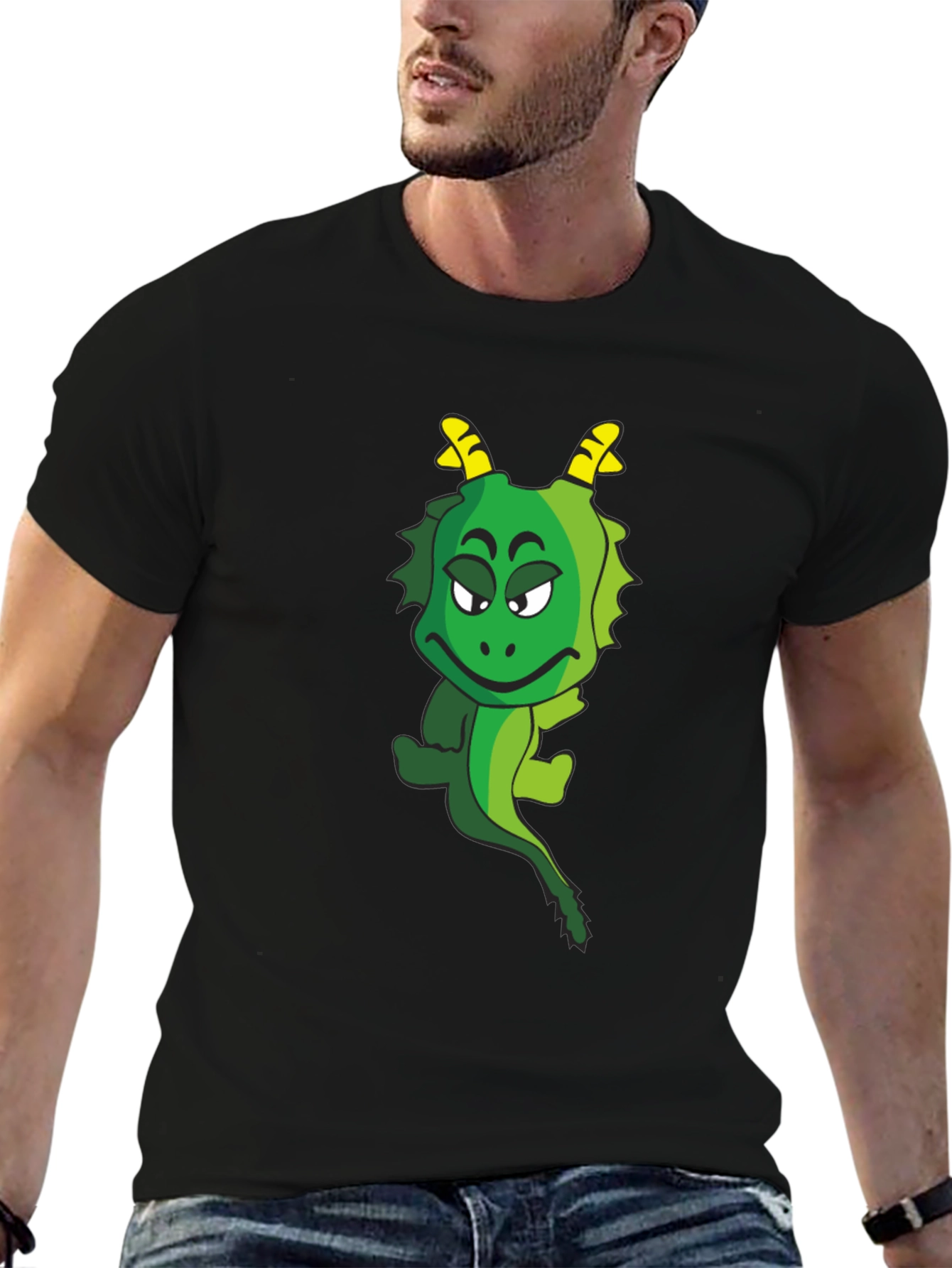 Funny Cartoon Dragon Graphic Tee - Black