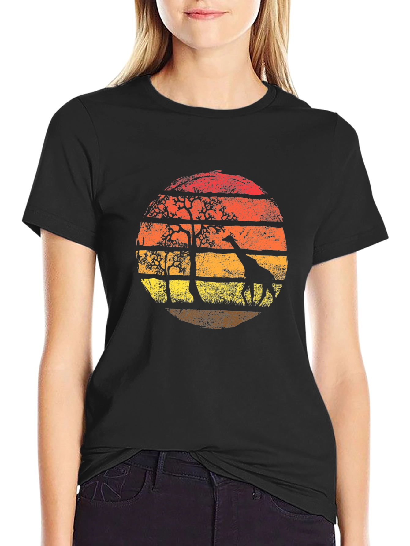 Giraffe Sunset Graphic Tee - Black T-Shirt